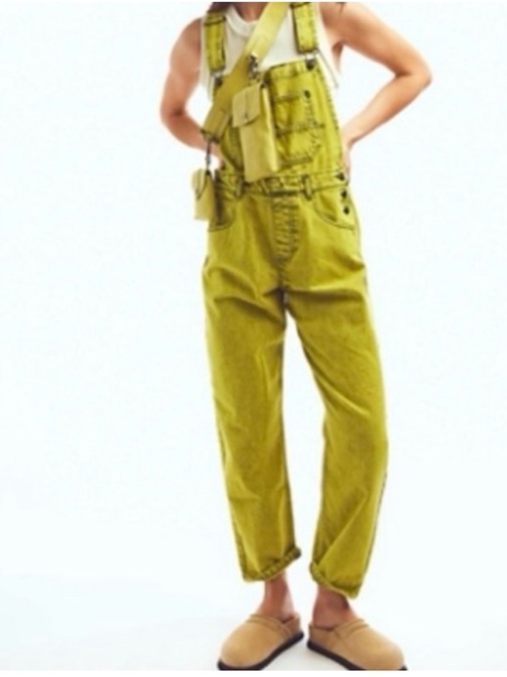 We The Free By Free People Acid Green Ziggy Denim Jean Straight Leg Overalls